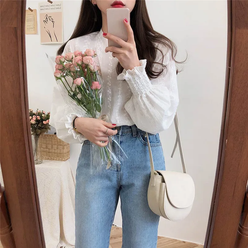Женская блузка топ рубашки Корейская Милая Кружевная рубашка с вышивкой для