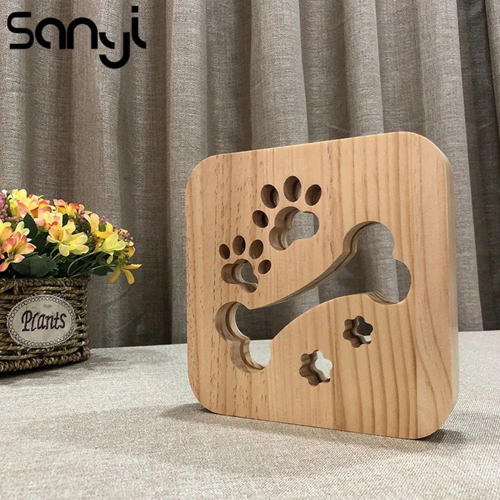 

SANYI Wooden Animal Night Light USB Powered Desk Lights with Paw Dog Bone Creative 3D LED Wooden Decorative Table Lamp
