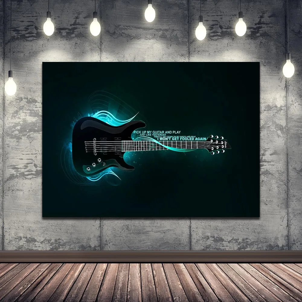 Картина на холсте зеленая электрическая светящаяся гитарные плакаты и принты