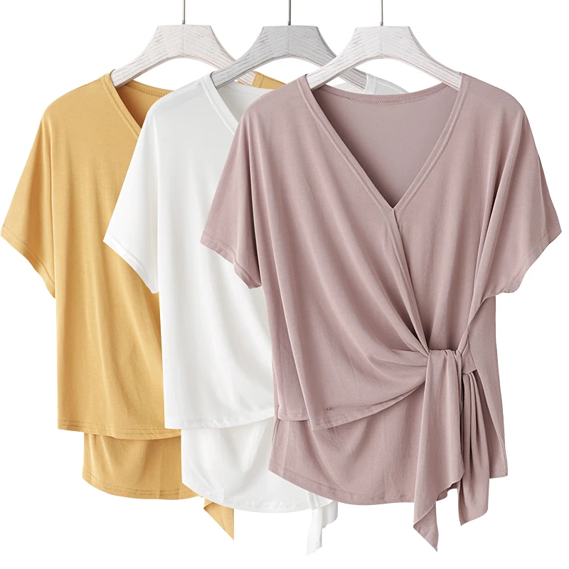 

Summer Knitted Basic Solid Modal cotton T-shirt Women fashion V-neck elegant lace up Shirts Tops clothes