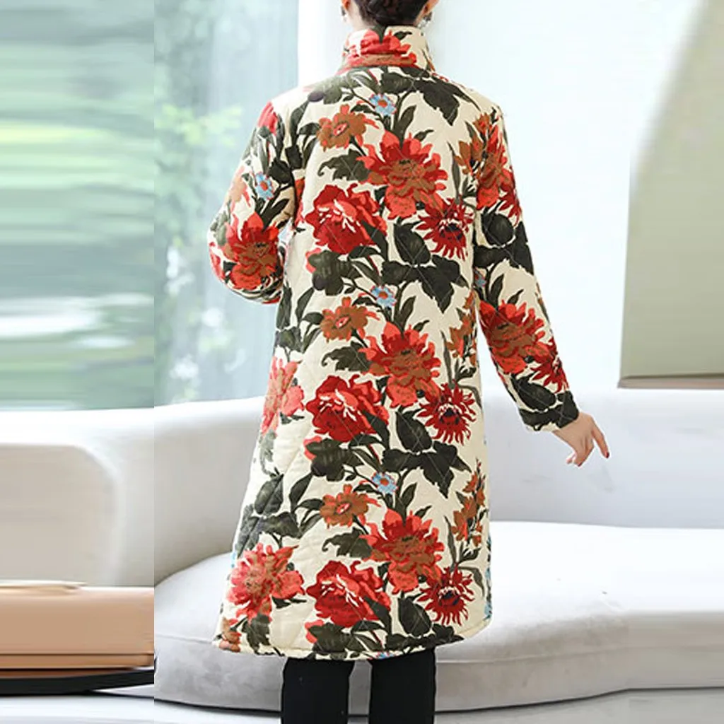 Новинка, зимняя женская куртка, плюс размер, 5xl, вельветовое пальто, женское, винтажное, с цветочным принтом, хлопок и лен, толстая, теплая, длинная парка#3