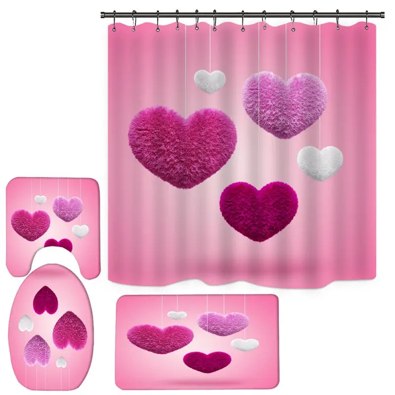 

4PCS Romantic Valentine's Day Shower Curtain Toilet Mat U-pad Floor Mat Set 70.8 "Shower Curtain For Home / Hotel Decoration
