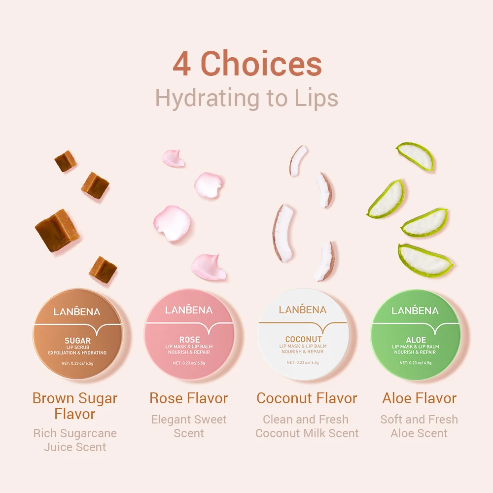

LANBENA Lip Mask Nourishing Moisturizing Repair Dry Exfoliator Scrub Lips Patches Rose Coconut Oil Aloe Vera SKin Care 4 Colors