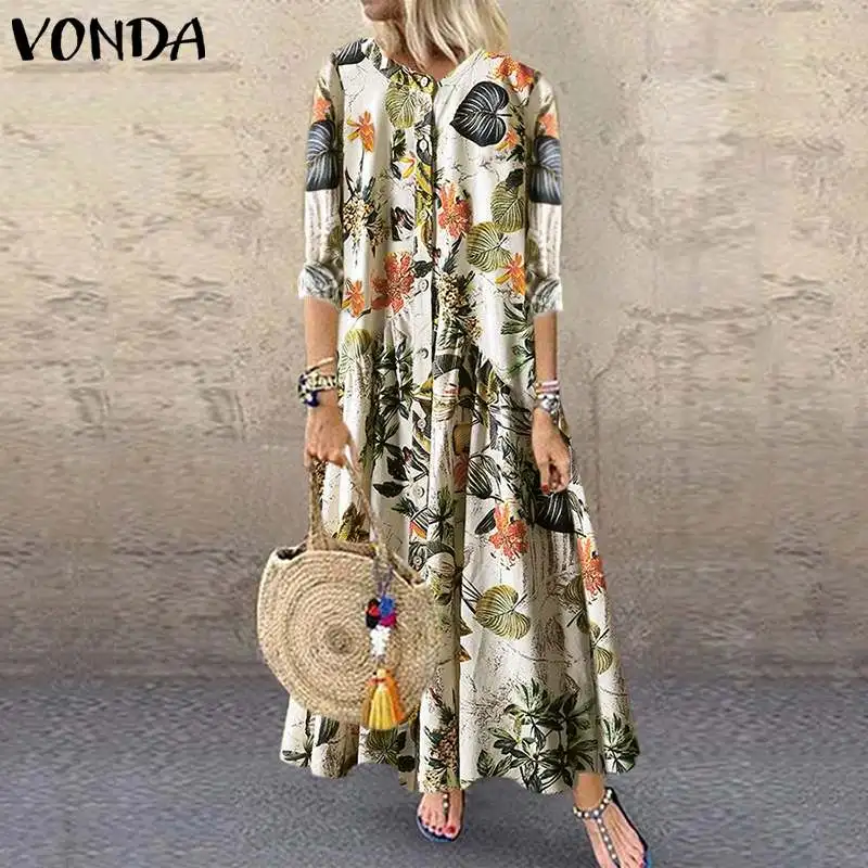 

VONDA Bohemian Floral Printed Maxi Dress Women Vintage Party Dress 2021 Autumn Casual 3/4 Sleeve Retro Loose Work Vestidos Robe