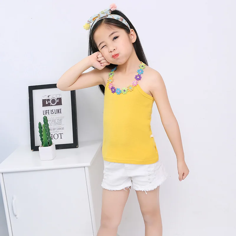 Yellow Одежда для маленьких детей Новая летняя футболка для девочек 2-12 лет хлопковая футболка без рукавов для девочек, топы, футболки, верхняя одежда - Цвет: Yellow