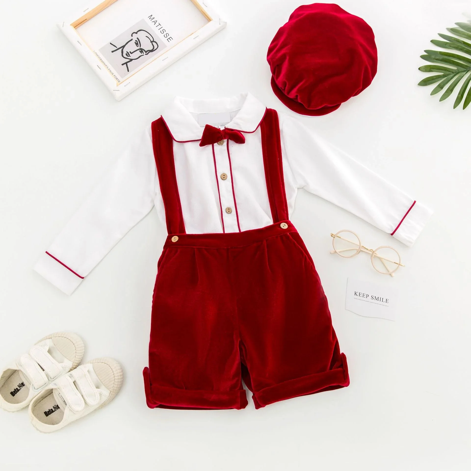 Spanish Baby Boy Clothes Set Vintage Kids Summer Suit Formal Wedding Toddler White Shirt +Velvet Suspender Pants Shorts Outfits