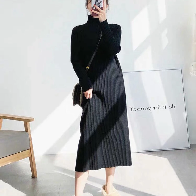 

Spring Autumn New Women Dress Korean Style Fashion Knitted Sweater Dress Long Slim Female 2021 HOT vestidos