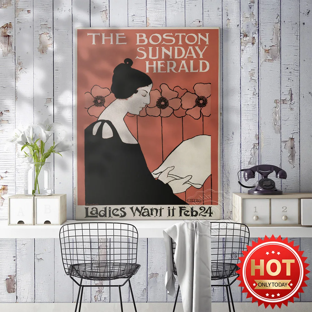 

The Boston Sunday Herald Vintage Poster, Woman Reading Newspaper Art Nouveau Style Canvas Painting, Pop Home Decor Wall Art Gift