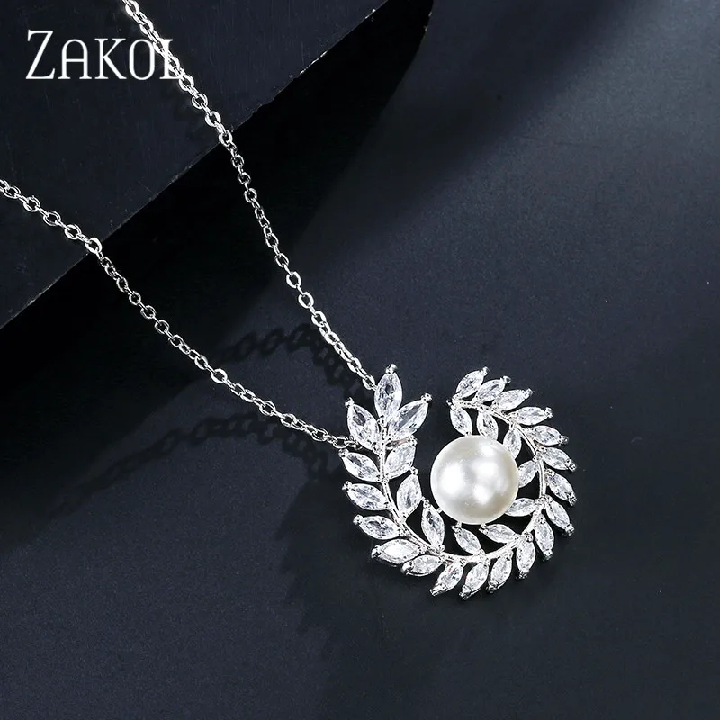 ZAKOL Elegant Cubic Zirconia Simulation Pearl Leaf Sweet Pendant for Women Wedding Dinner Party Birthday Gift Jewelry FSNP2128 | Украшения