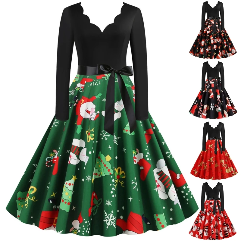

Women Christmas Vintage Long Sleeve V-Neck Midi Swing Dress Cartoon Santa Elk Snowman Printed Tie Waist Pleated Holiday BX0A