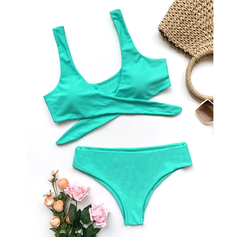 

10 Color Solid Bikini Push Up Sexy Women's Swimsuit Female Bathingsuit Semi-High Waist Front Tie Tankini Big Bow Lovely Swimwear