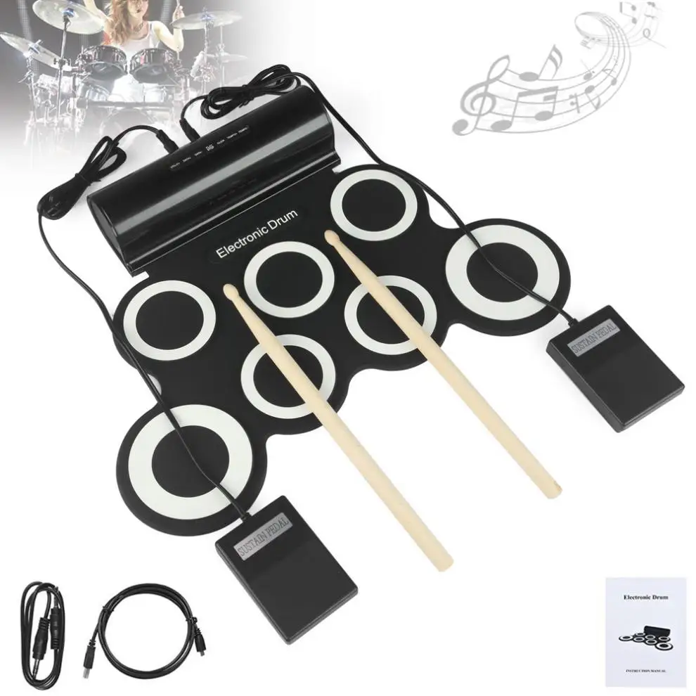 Portable Roll Up Electronic Drum Set 7 Silicon Pads Built-in Speakers with Drumsticks Sustain Pedal Support USB MIDI 2 Colors | Спорт и