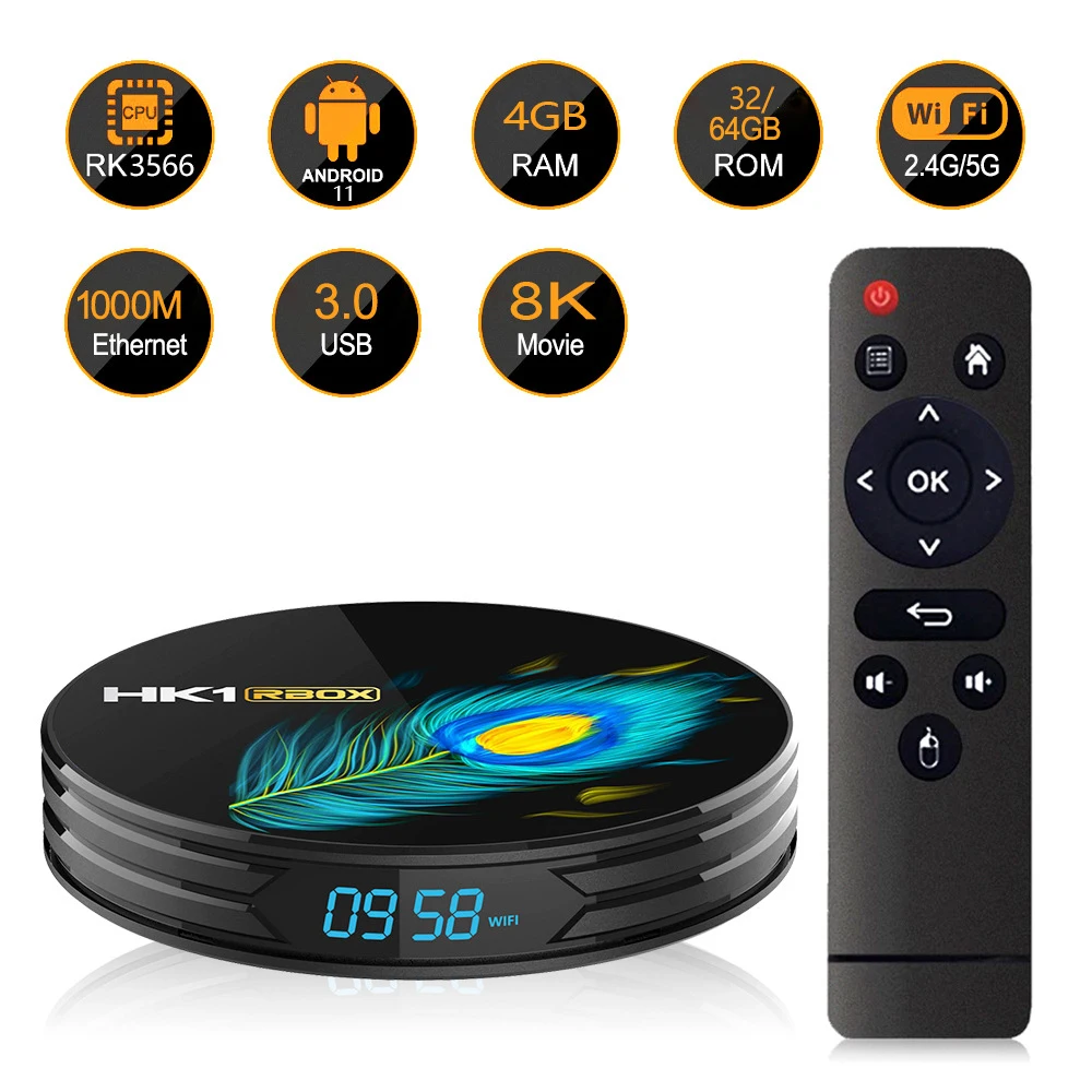 

ТВ-Приставка Smart 8K, Android 2,4, HK1 RBOX R3 RK3566 Gigabit DDR4 HD, двухдиапазонный 5G G/Wi-Fi, 8 ГБ, Google Play, сетевой плеер