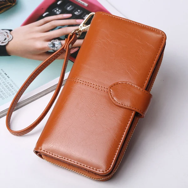 Brown ACELURE Solid Color Women Long Wallets Simple Style Zipper& Hasp Purse With Card Holder Oil Wax Pu Leather Ladies Daily Wallet - Цвет: Brown