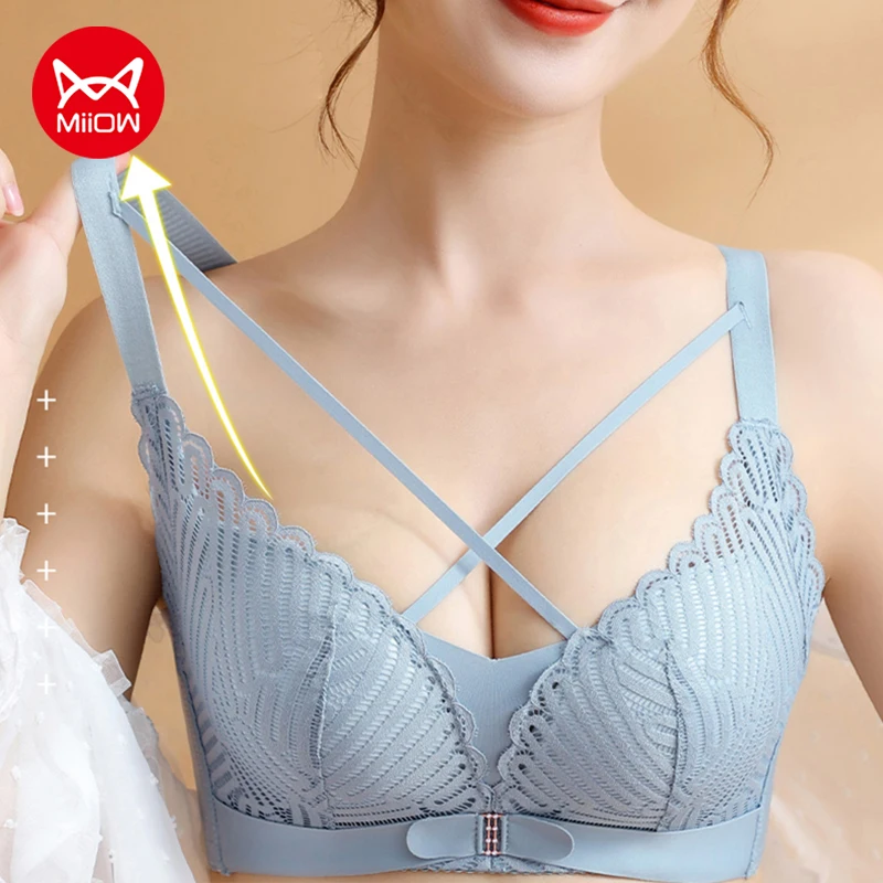 

Удобный и бесшовный дизайн Miiow с трехмерным кружевным бюстгальтером в форме сердца, U-образное красивое нижнее белье с противоскользящей сп...