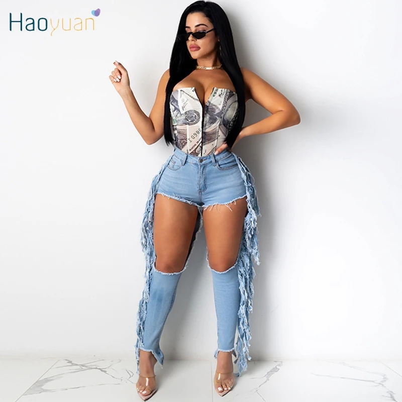 

HAOYUAN Sexy Ripped Tassel Jeans Woman High Waist Pants Vintage Clothes Y2k Clothing Hollow Out Bodycon Clubwear Denim Trousers