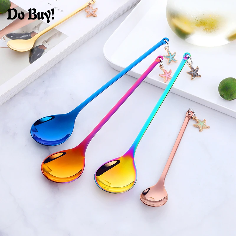 

1 шт. десертная ложка из нержавеющей стали, перемешивающая кофейная ложка, круглая чайная ложка для мороженого, кофе с красочными звездами, у...