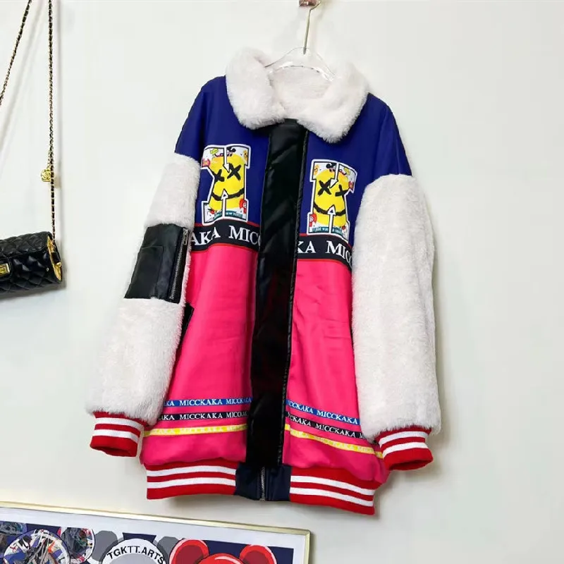 

Женская зимняя куртка, яркие цветные толстые теплые парки с рисунком, Женская бейсбольная форма