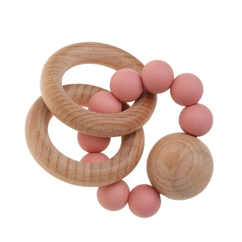 

D7YD Baby Teething Rings Natural Wooden Silicone Bead Infant Teether Toy DIY Bracelet Accessories Infants Tooth Care Products