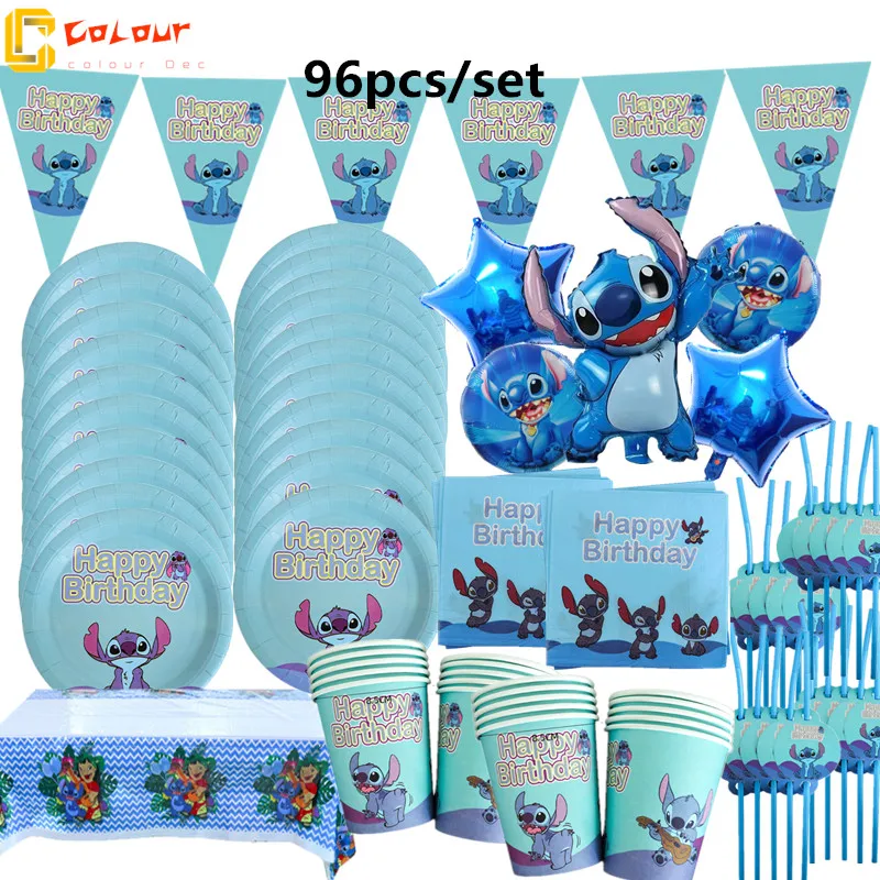For 20 People use Stitch  Theme Baby Shower Boy Girl Set Cup Plate Straw Napkin Tablecloth Supplies Diposable Tableware Supplies