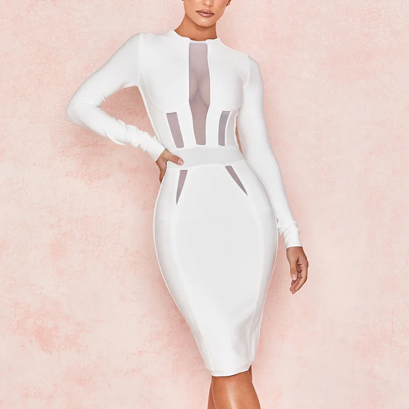 Женское Сетчатое облегающее платье до колен с длинным рукавом|Женские платья| |