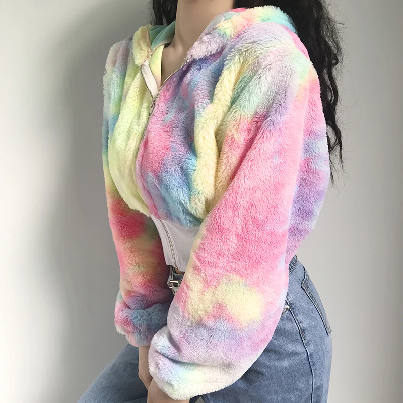 Rockmore Tie Dye пушистые пальто и куртки на молнии для женщин Красочные более размера d Harajuku куртка Дамская размера плюс уличная осенняя