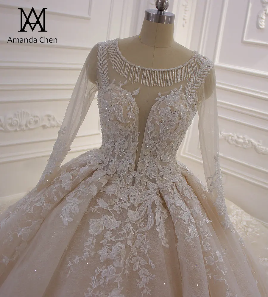 Suknie slubne Кружева Аппликации полный рукав прозрачная задняя свадебное платье