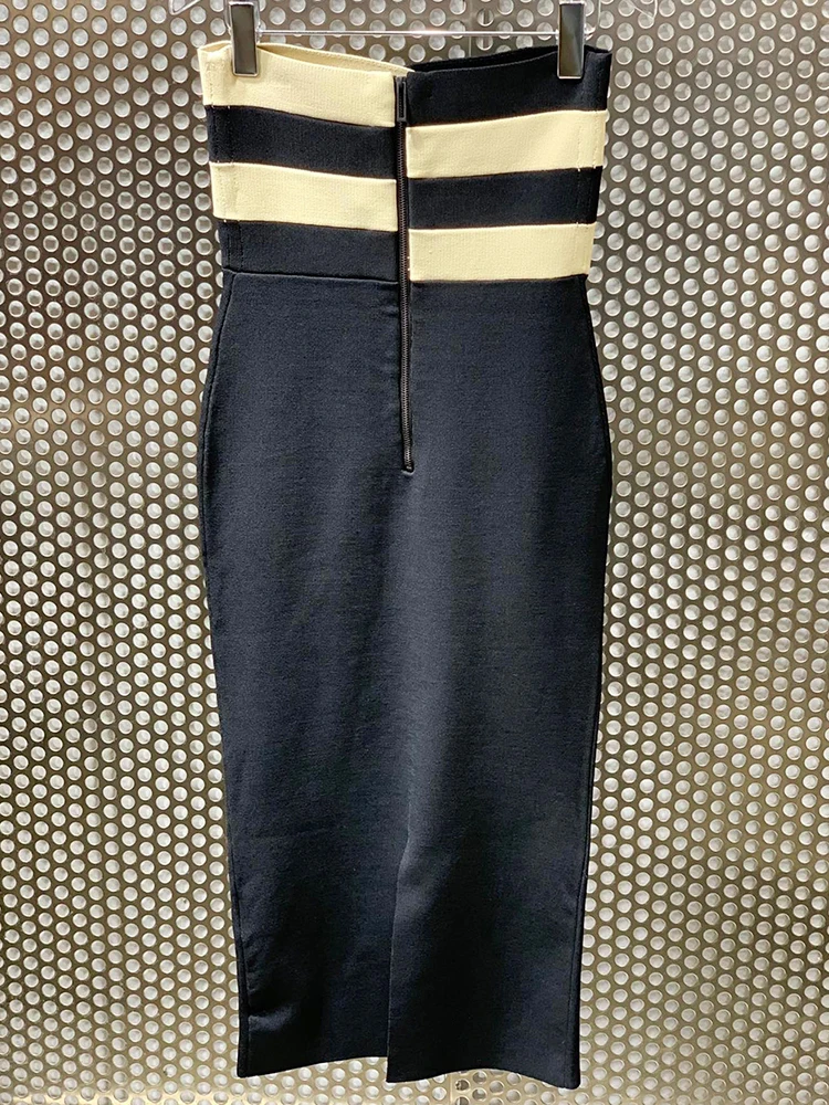 

Sexy Color Matching Stitching Tube Top High Waist Split Stretch Knit Tight-Fitting Mid-Length Dress Spring 2021 Women's Clothing