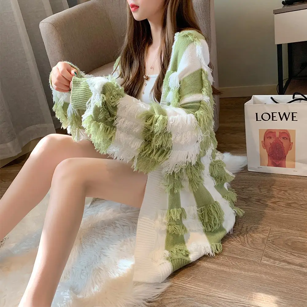 Fairy Tassels Sweater Coat Fuzzy Striped Crocheted Knit Cardigan Lazy Spring Autumn Fringed Long-sleeved Jacket Loose Crop Tops