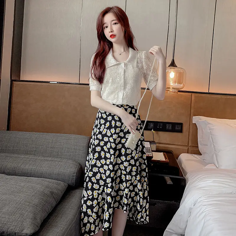 

Skirt Suits for Women 2021 Summer Lace Blouse Tops and High Waisted Printed Midi Skirts Suit 2 Piece Sets Womens Outfits Y582