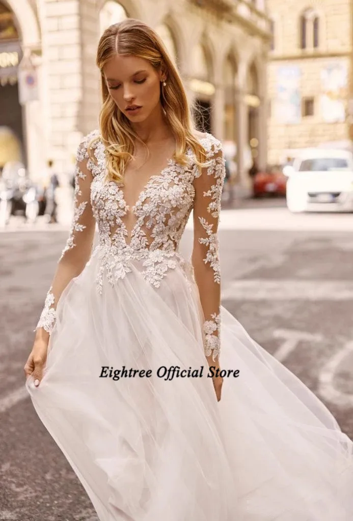 

Eightree Sexy Backless Wedding Dresses Illusion High Split Side Lace Beads Bride Bridal Gowns Russian Style Women 2021