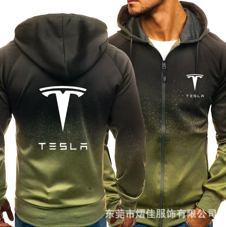 

2021 for TESLA Car Logo Print Casual HipHop Harajuku Gradient color Hooded Mens Fleece Sweatshirts zipper Jacket
