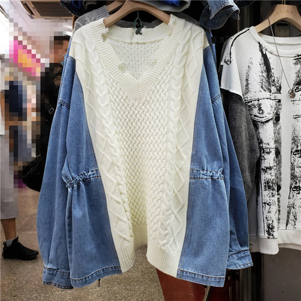 Женский джинсовый свитер с V-образным вырезом и длинным рукавом - купить по