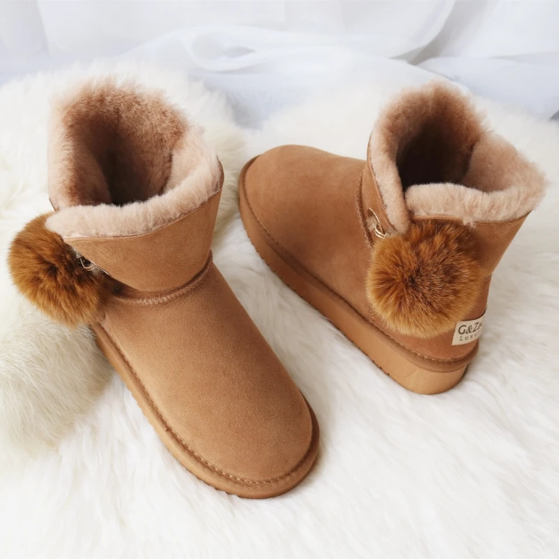 

G&Zaco Luxury Brand Sheepskin Boots Fox Fur Ball Flats Snow Boots Natural Sheep Fur Genuine Leather Ankle Sweet Boots