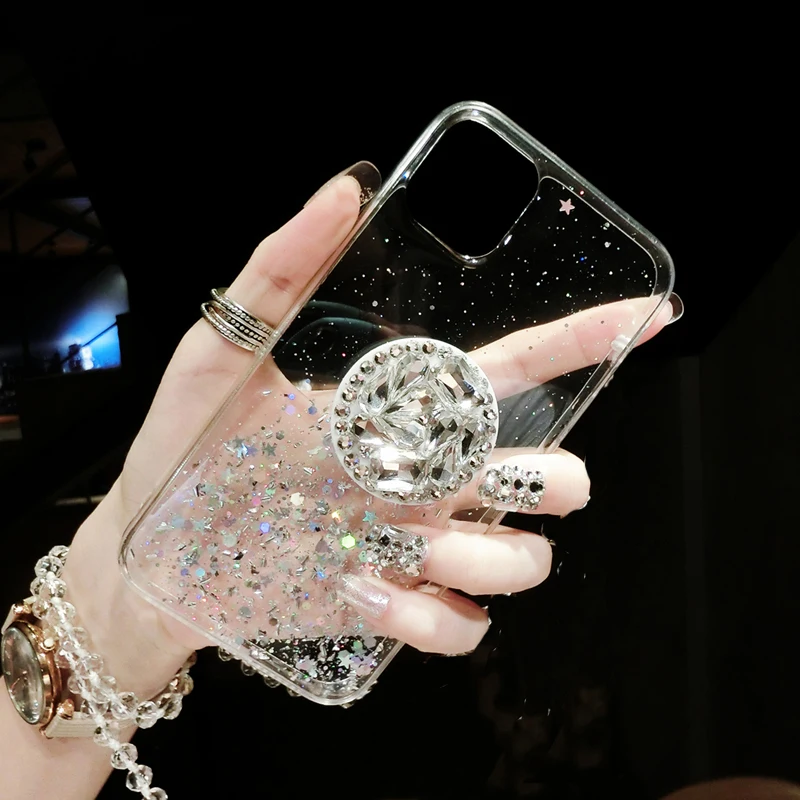 

Glitter diamond Bracket stand foil soft silicon phone case for apple iphone 12 Pro MiNi 7 8 X XS XR MAX 11 Plus SE 6 gem Cover
