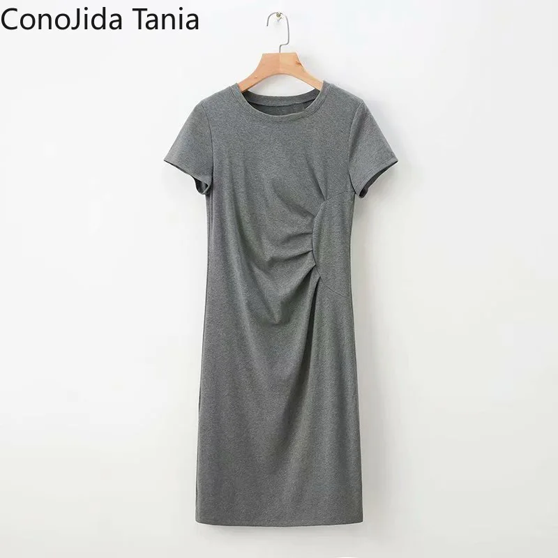 

Korean Women's Summer New Simple Round Collar Irregular Pleated Short-sleeved Dress