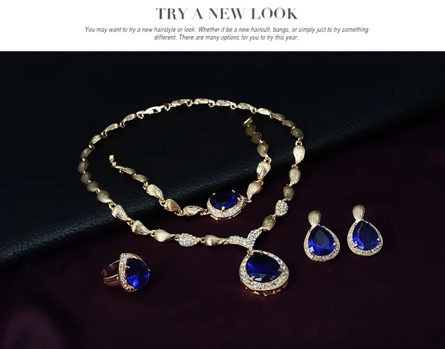Gold Plated Crystal Jewelry Sets for Women Indian Luxury Collars Bracelet Earrings Ring 4pcs Wedding Jewelry Sets 6