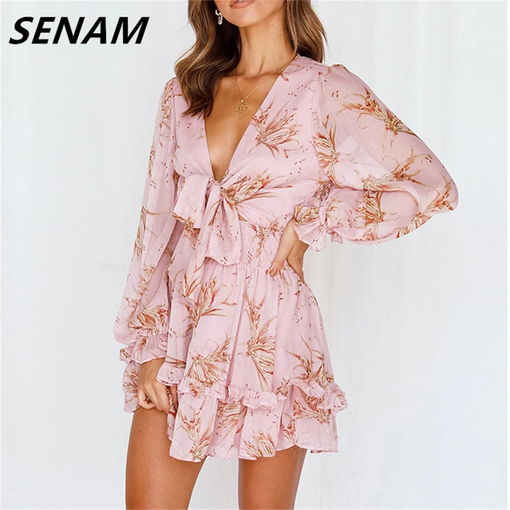 

SENAM Casual Women Dress Ruffled Long Sleeve Chiffon Skirt Elastic Waist Tie Bandage Light Autumn Women Clothes