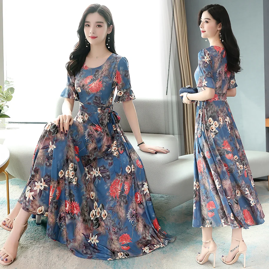 2021 сезон: весна-лето голубого цвета с цветочным принтом в богемном стиле длинное