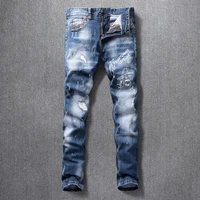 american street fashion men jeans high quality retro blue elastic slim fit ripped jeans men printed designer hip hop denim pants