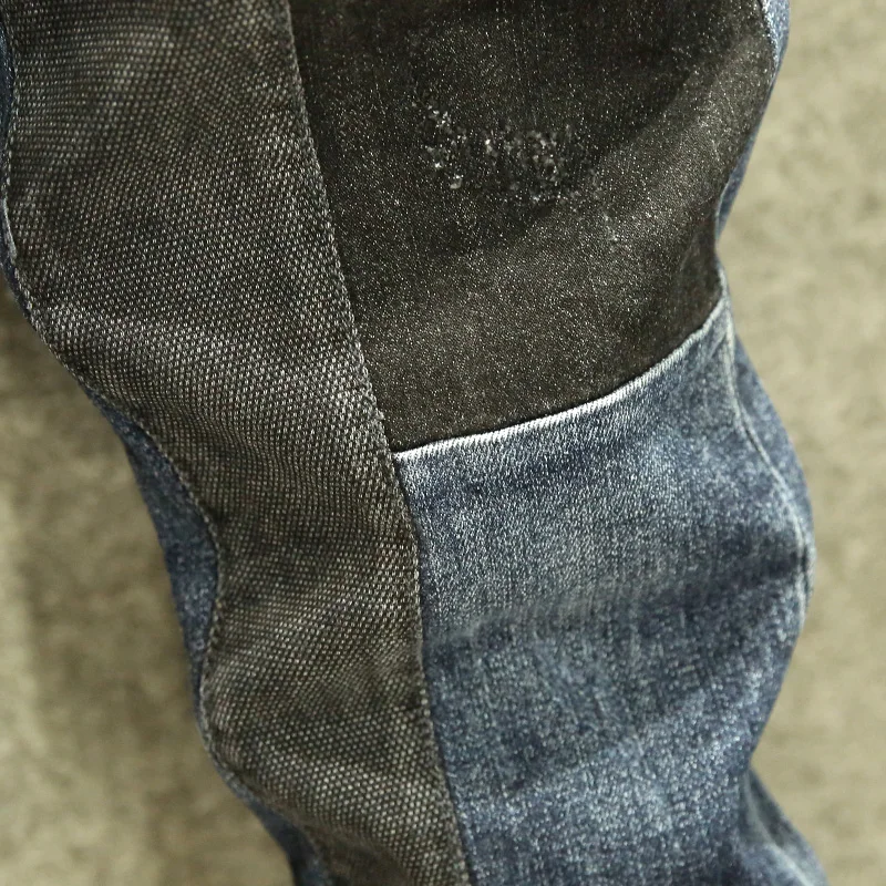 

Autumn Patchwork Straight Jeans Men Fashion Vintage Loose Zipper Denim Trousers Dark Blue Biker Jeans Hip Hop Punk Streetwear