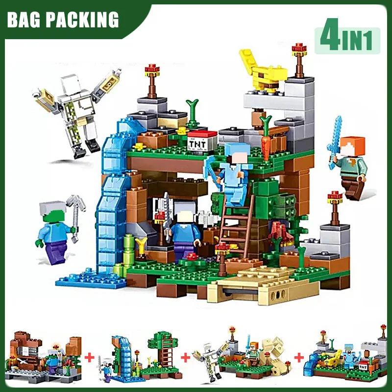 

4 in 1 Village Child Build Blocks Toys Set DIY Educational Small Brick Gift for Kids Compatible with Mini Character Figure