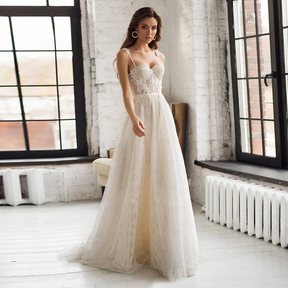 

Bohemian Lace Wedding Dress For Woman Sleeveless Spaghetti Straps A Line Formal Bridal Gown Corset With Applique Vestido Novia