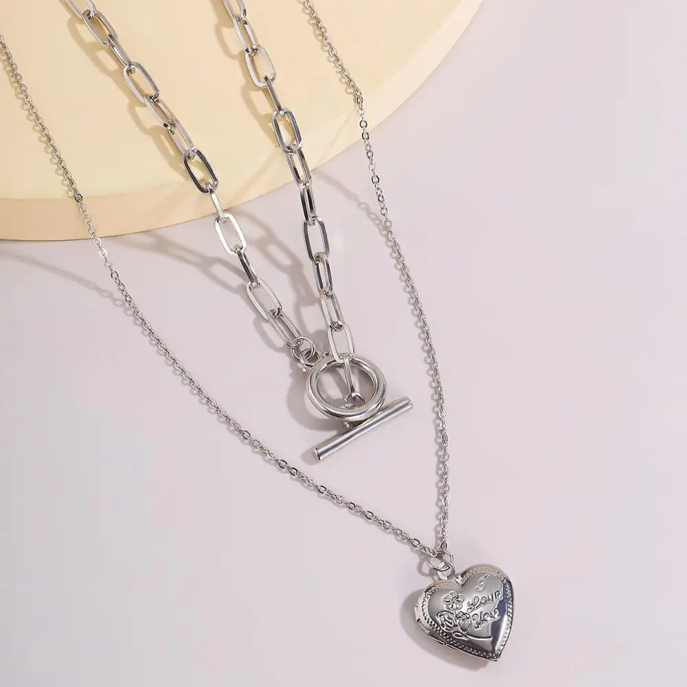 

SHIXIN Layered Choker Necklace Colar With Heart Locket Photo Box Pendant Necklace for Women Fashion Necklace Chains on The Neck