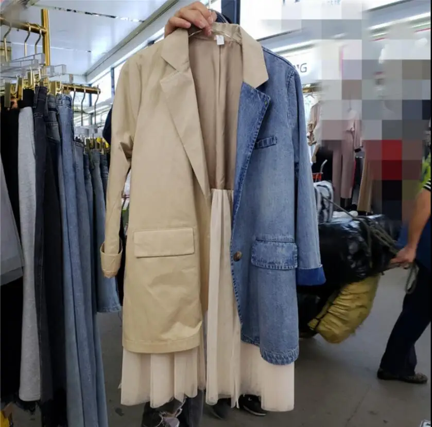 2019 весна осень джинсовый сшитый костюм Воротник Сетка сплайсированные Блейзер