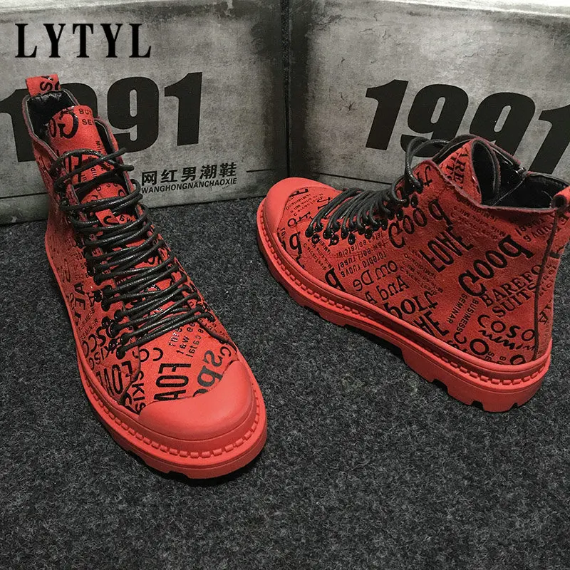

Mens army boots Casual ankle boots High Top Leather Shoes Male RED Hip hop graffiti military boots sneaker Shoes B4-259