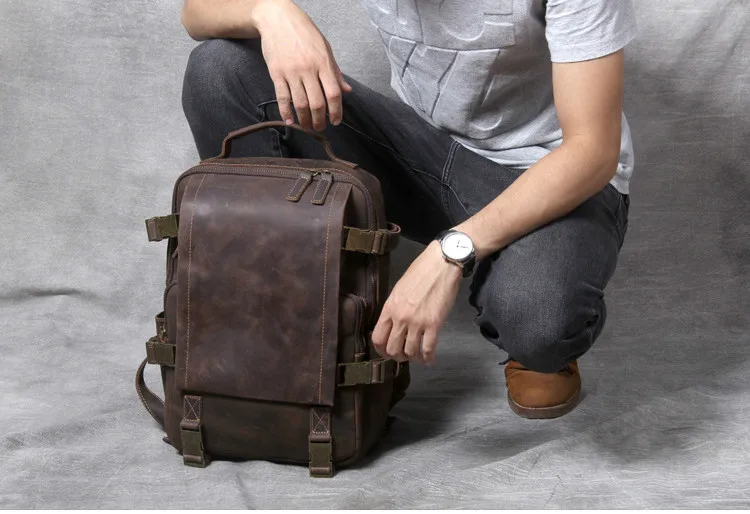 Винтаж Oxhide верхний слой коровья кожа сумка ручной работы голова кожаный рюкзак