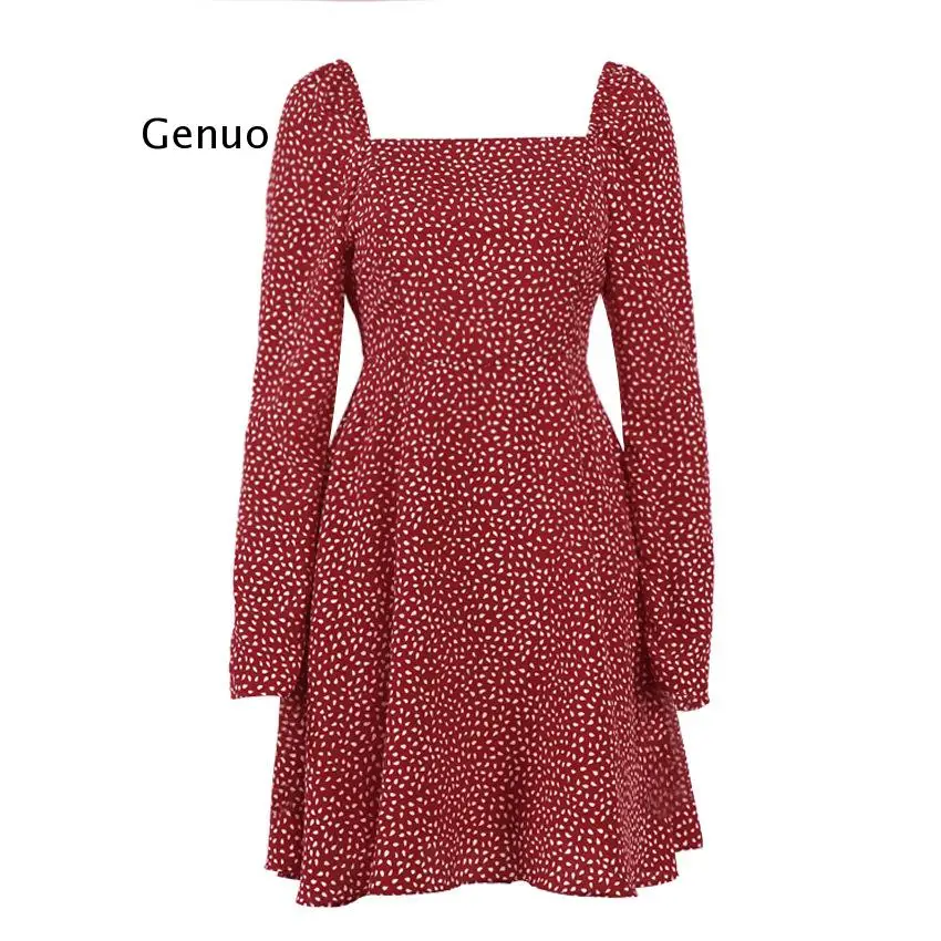 

Backless Puff Sleeve Polka Dot Dress Elegant Woman Short A-Line Dresses Zipper Square Collar Vestido Evening Fall 2021