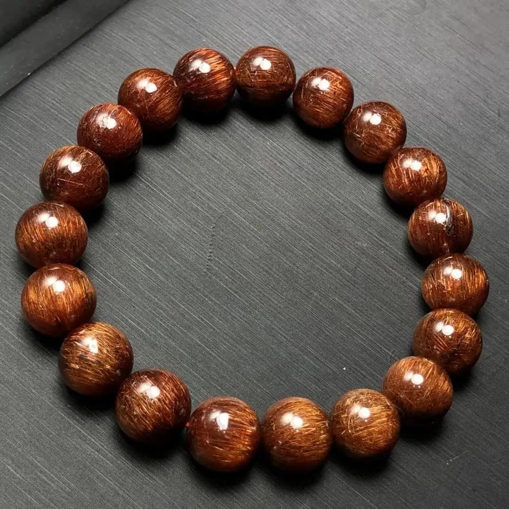 

10.8mm Natural Copper Hair Rutilated Quartz Gemstone Stretch Round Beads Bracelet Rare Cat Eye Effect AAAAA