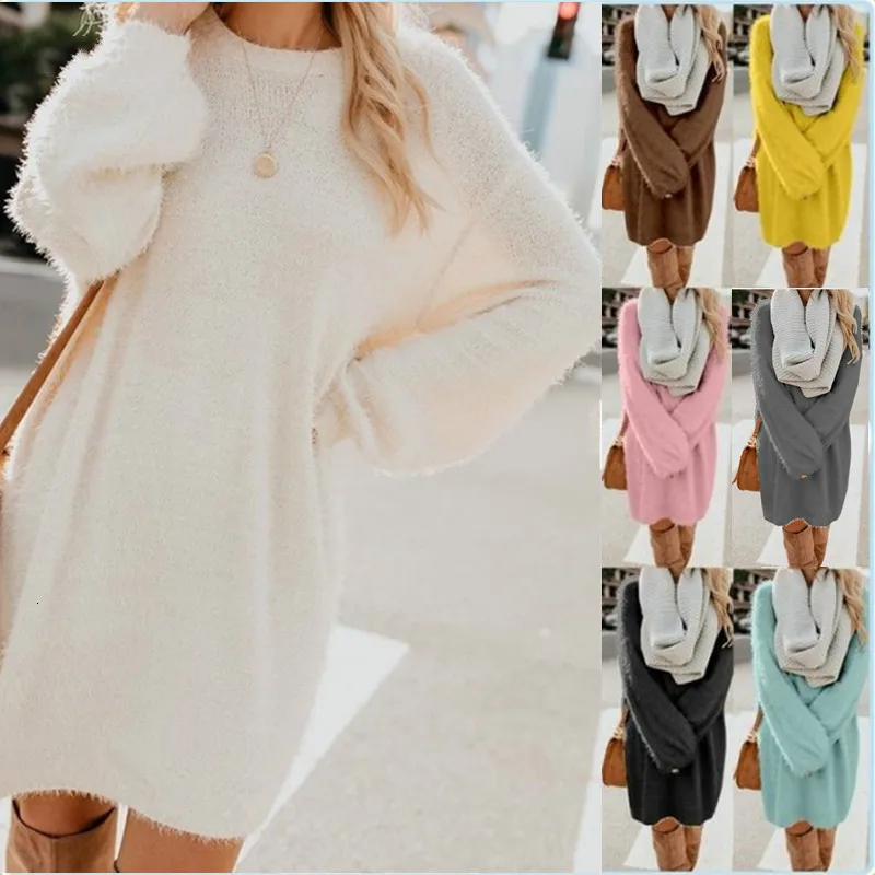 

Autumn Winter Dress Women Plush Fleece Warm Midi Dress Sweater Long Sleeve O Neck Casual Loose Solid Color Sexy Party Dresses